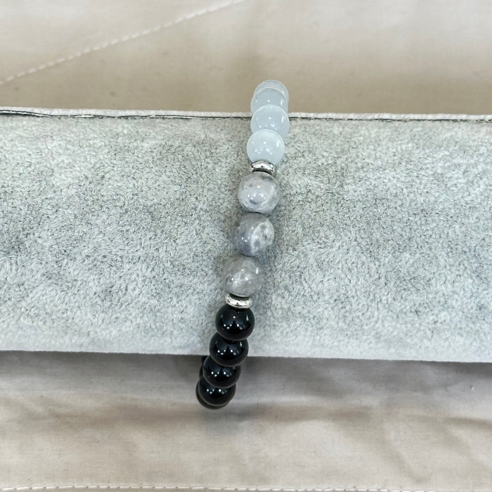 White Cats Eye, Black Onyx & Picasso Jasper stretchy beaded bracelet. 7-8mm - Picture 12 of 16